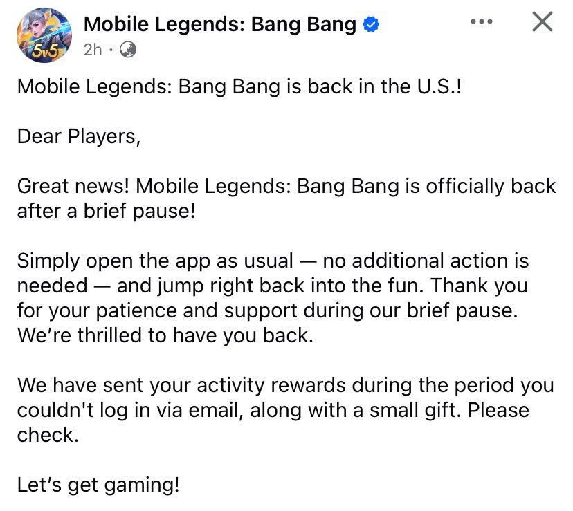 Official post from MLBB about the game's return in the US (Image via MLBB on X)